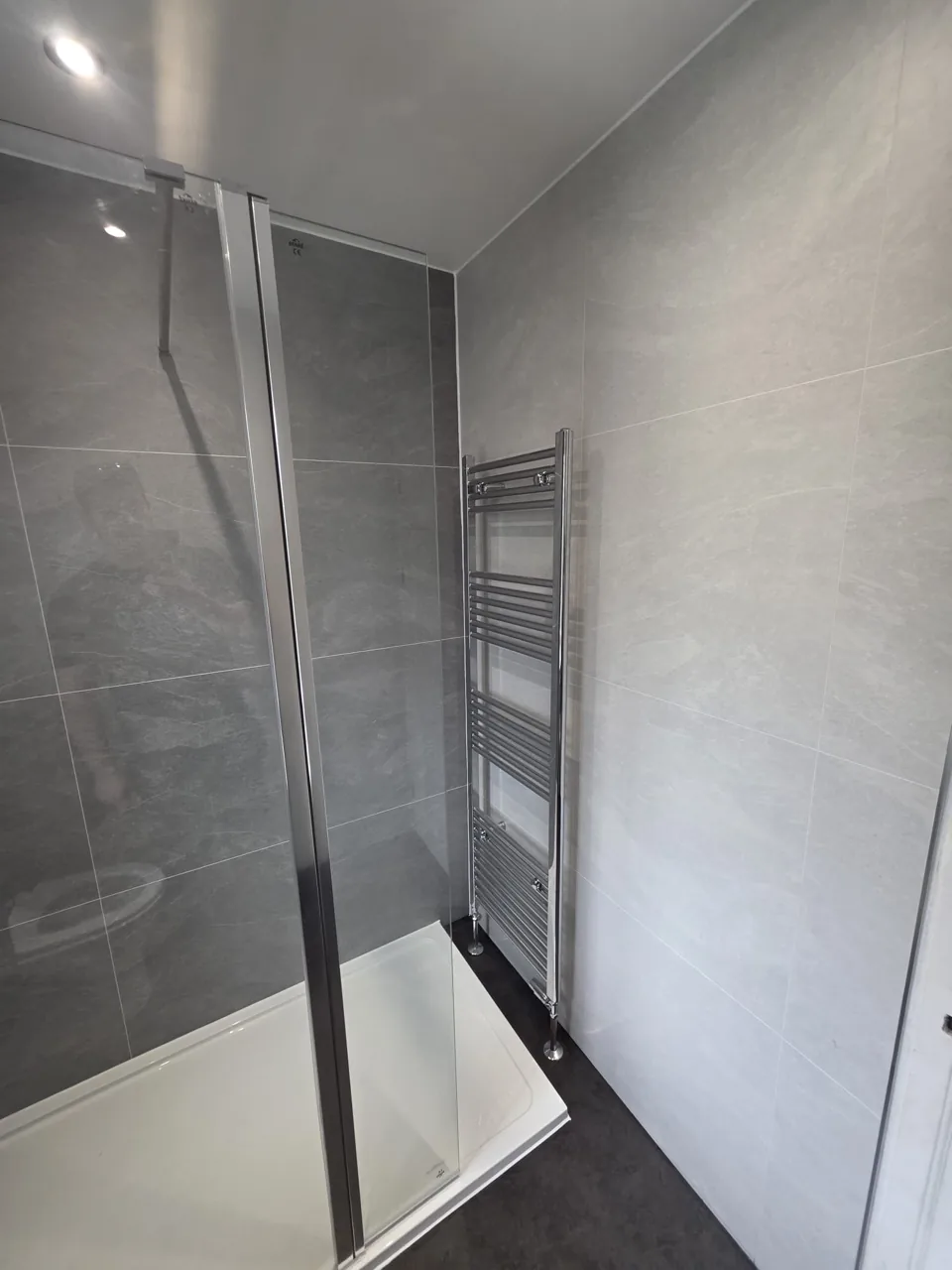 Glass shower screen with recessed wall shelves
